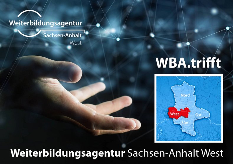 Eine Hand weist symbolisch auf die Karte von Sachsen.Anhalt, auf der die Region Sachsen-Anhalt-West markiert ist.