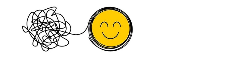 Die Grafik zeigt stilistisch ein ungeordnetes Wollnäuel, das sich durch eine Idee (lachender Smiley) einfach in Ordnung bringen lassen hat. 