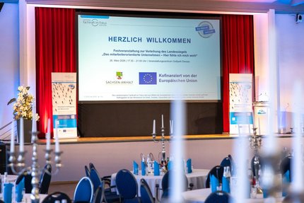 Festsaal mit Bühne und großer Leinwand zur Festveranstaltung „Das mitarbeiterorientierte Unternehmen – Hier fühle ich mich wohl“ in Sachsen-Anhalt