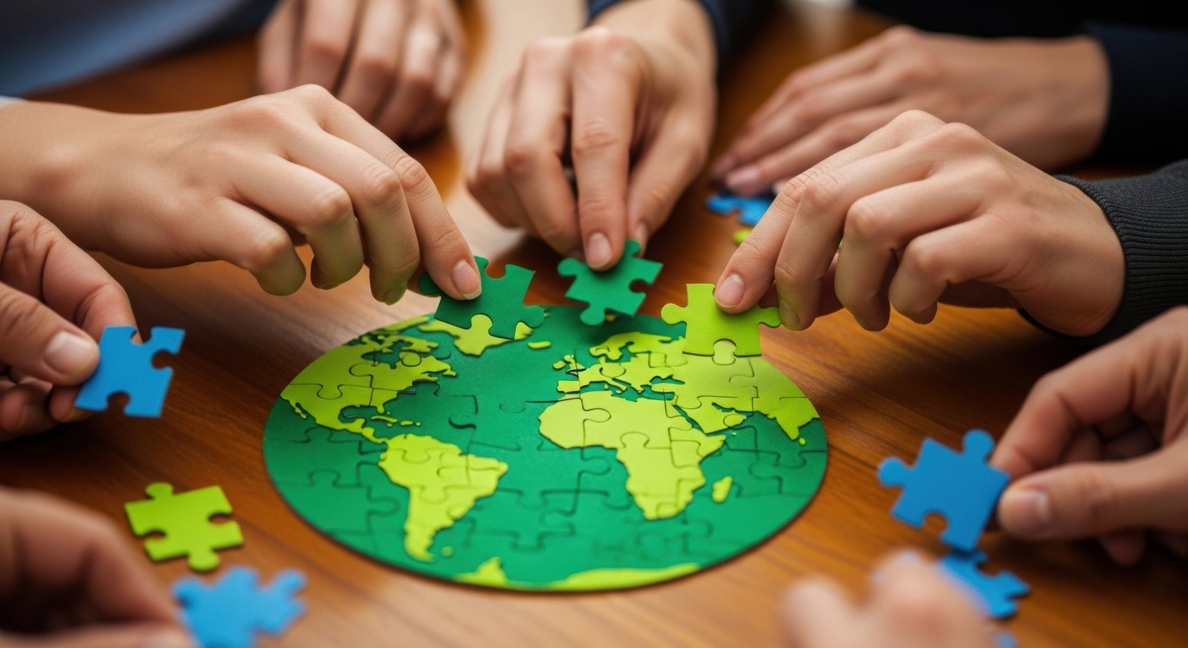 Hände mit Welt-Puzzleteilen
