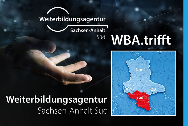 Eine Hand deutet auf die Landkarte von Sachsen-Anhalt. Dort ist die Region Süd hervorgehoben.