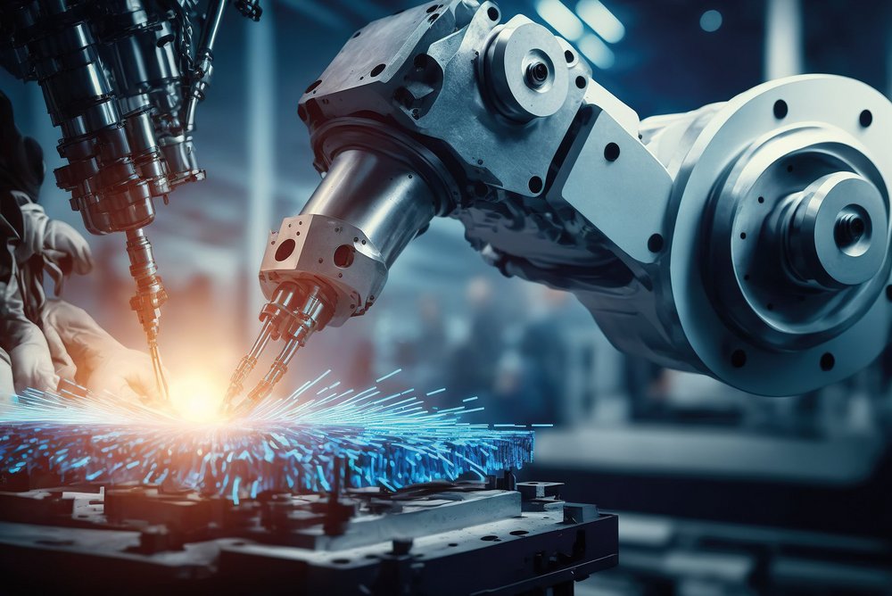 Ein Roboterarm arbeitet an einer Stahlformenden Maschine. Im Hintergrund sind menschliche Hände zu sehen. Das Bild wurde mit KI generiert.