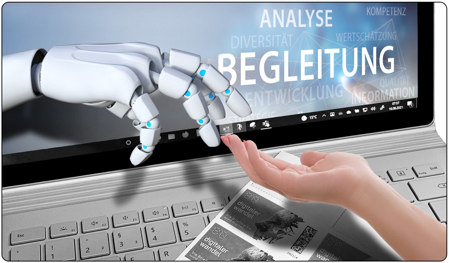 Der Digitale Wandel wird grafisch durch eine künstliche Hand dargestellt, die aus einem Laptop heraus greift und einer menschlichen Hand Unterstützung anbietet..