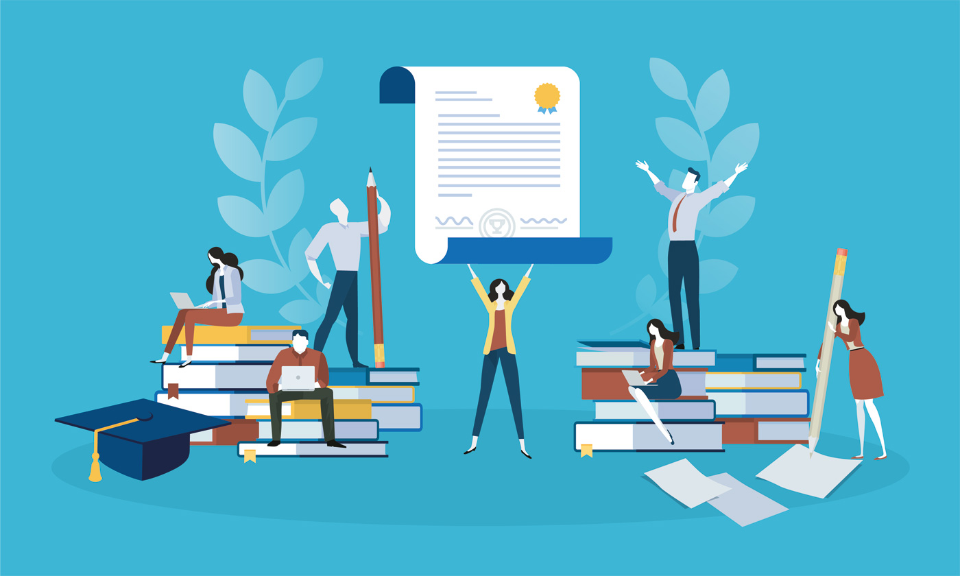 AdobeStock © PureSolution Gezeichnetes Bild mit 7 Personen umgeben von Büchern, Stiften und Zetteln. Manche lesen. Eine Person hält eine Urkunde hoch.