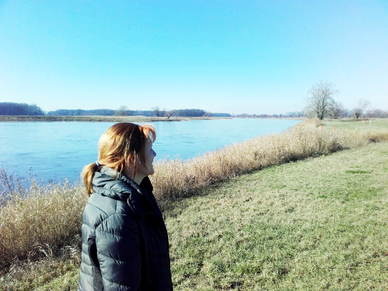 Eine Frau im Vordergrund steht auf einem Deich an der Elbe.