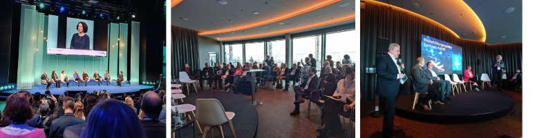 Blick ins Auditorium mit den Bundesministerinnen Bärbel Ba und Karin Prien und Blick in die Skylounge mit den Vortragenden Lutz Rätz und Tina Großmann